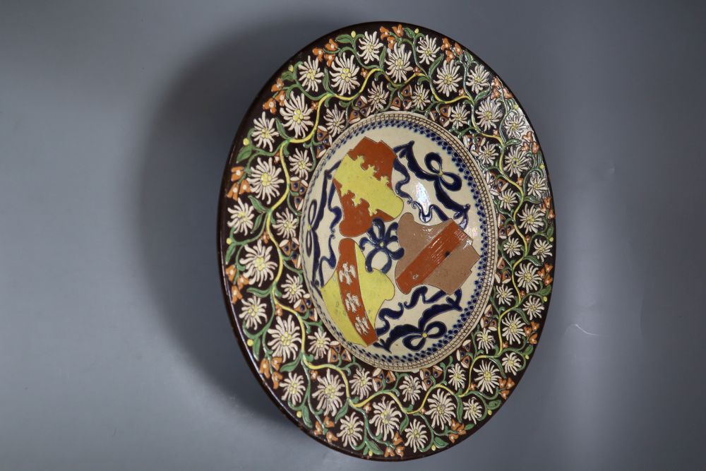 A Swiss Thoune peasant pottery dish, 37cm